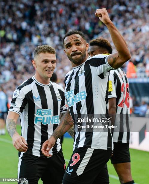 Callum Wilson of Newcastle United celebrates scoring Newcastles second goal during the Premier League match between Newcastle United and Manchester...