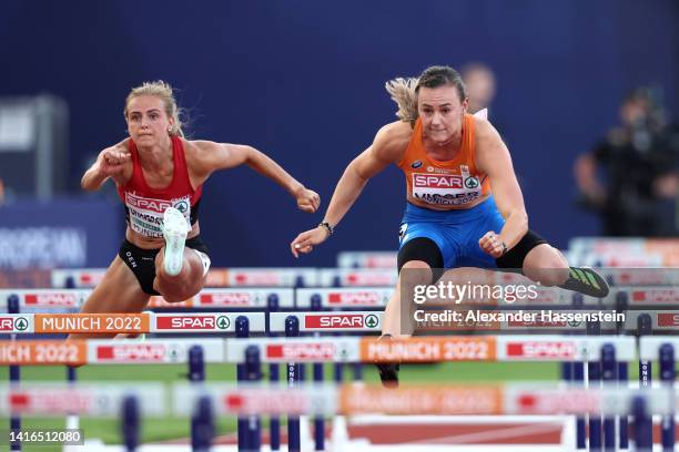 Nadine Visser of Netherlands competes during the Athletics - Women's 100m Hurdles Semi Final 1 on day 11 of the European Championships Munich 2022 at...