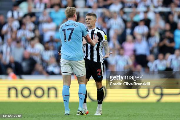 Kevin De Bruyne of Manchester City confronts Kieran Trippier of Newcastle United, after a tackle which leads to a red card which is later overturned...