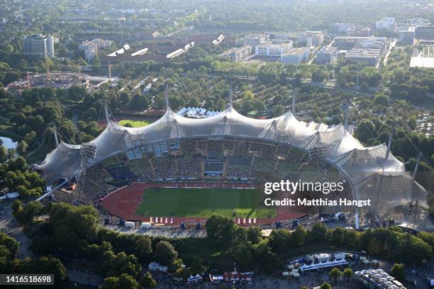 General view outside of Olympiapark during the Athletics competition on day 11 of the European Championships Munich 2022 at Olympiapark on August 21,...