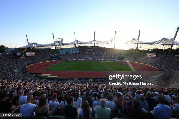 General view inside of Olympiapark during the Athletics competition on day 11 of the European Championships Munich 2022 at Olympiapark on August 21,...