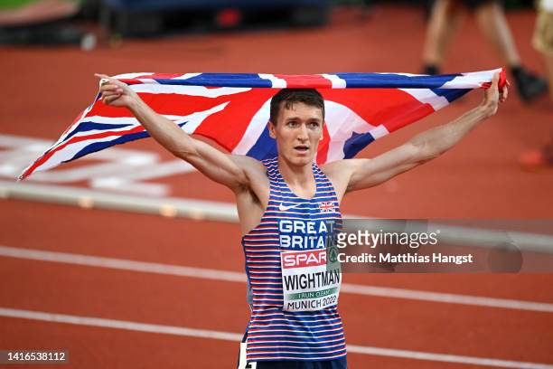 Silver medalist Jake Wightman of Great Britain celebrates during the Athletics - Men's 800m Final day 11 of the European Championships Munich 2022 at...