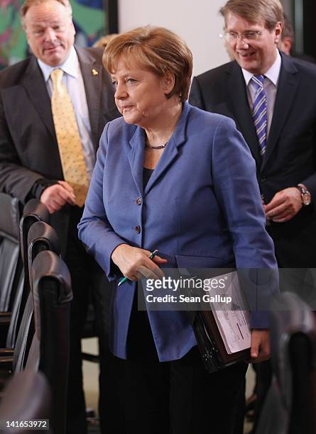 German Chancellor Angela Merkel attends the German government cabinet meeting on March 21, 2012 in Berlin, Germany. High on the morning's agenda was...