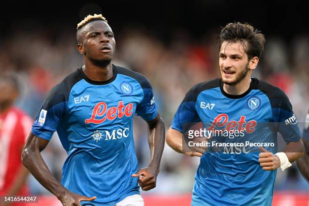 Victor Osimhen of Napoli celebrates scoring their side's second goal with teammate Khvicha Kvaratskhelia during the Serie A match between Napoli and...