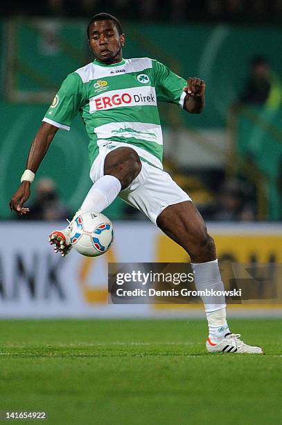 Olivier Occean of Fuerth controls the ball during the DFB Cup semi final match between SpVgg Greuther Fuerth and Borussia Dortmund at Trolli-Arena on...