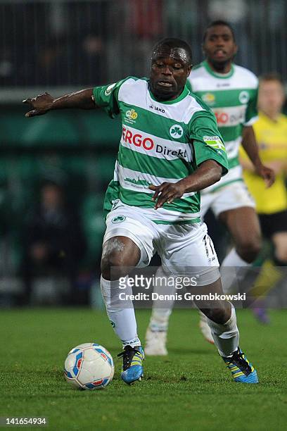 Gerald Asamoah of Fuerth controls the ball during the DFB Cup semi final match between SpVgg Greuther Fuerth and Borussia Dortmund at Trolli-Arena on...