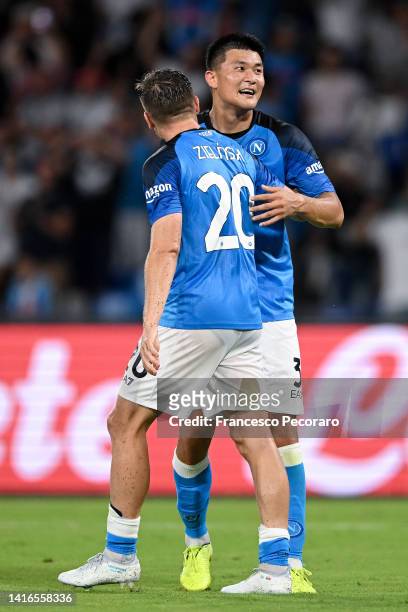 Kim Min-Jae of Napoli celebrates scoring their side's fourth goal with teammate Piotr Zielinski during the Serie A match between Napoli and Monza at...