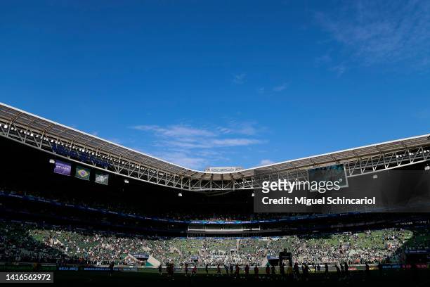 General view of stadium during warm-up before a match between Palmeiras and Flamengo as part of Brasileirao 2022 at Allianz Parque on August 21, 2022...