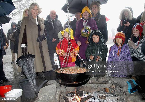 Camilla, Duchess of Cornwall and Queen Sonja of Norway visit Granebo Outdoor Nursery School on March 21, 2012 in Oslo, Norway. Prince Charles, Prince...