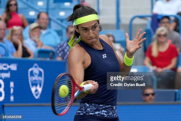 Caroline Garcia of France returns a shot against Petra Kvitova of the Czech Republic during their Women's Singles Final match on day nine of the...