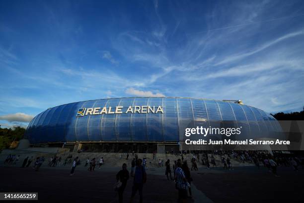 General view outside the stadium prior to the LaLiga Santander match between Real Sociedad and FC Barcelona at Reale Arena on August 21, 2022 in San...