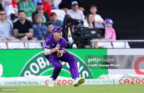 Harry Brook of Northern Superchargers takes the catch of Laurie Evans of Manchester Originals during the Hundred match between Northern Superchargers...