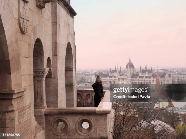 tourist woman admiring budapest parliament - one embankment stock-fotos und bilder