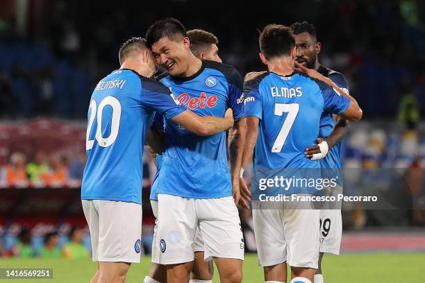 Kim Min-Jae of Napoli celebrates scoring their side's fourth goal with teammates during the Serie A match between Napoli and Monza at Stadio Diego...