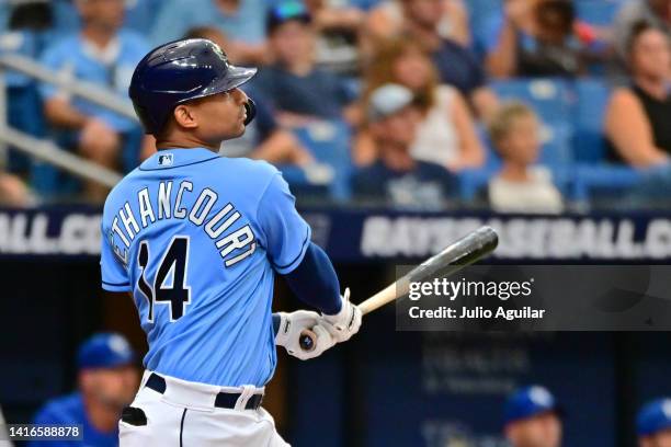 Christian Bethancourt of the Tampa Bay Rays watches the ball take flight for a home run in the second inning against the Kansas City Royals at...