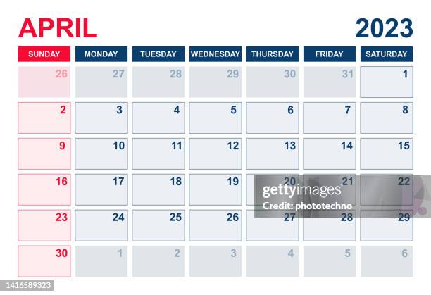 april 2023 calendar. calendar planner design template. week starts on sunday. business vector illustration - april stock illustrations