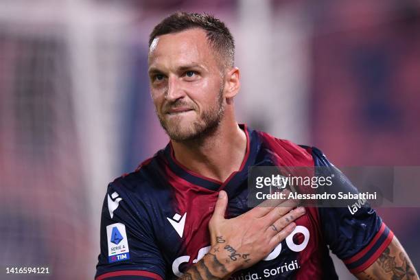 Marko Arnautovic of Bologna FC celebrates after scoring the opening goal during the Serie A match between Bologna FC and Hellas Verona at Stadio...