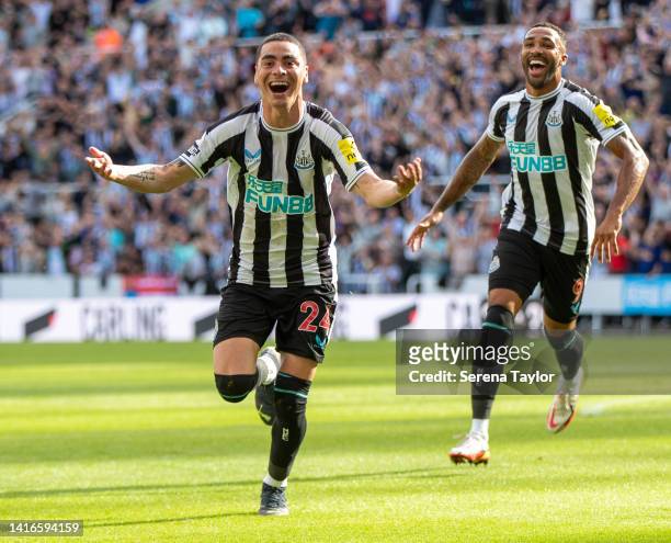 Miguel Almirón of Newcastle United FC and Callum Wilson celebrate after his goal is allowed by VAR during the Premier League match between Newcastle...