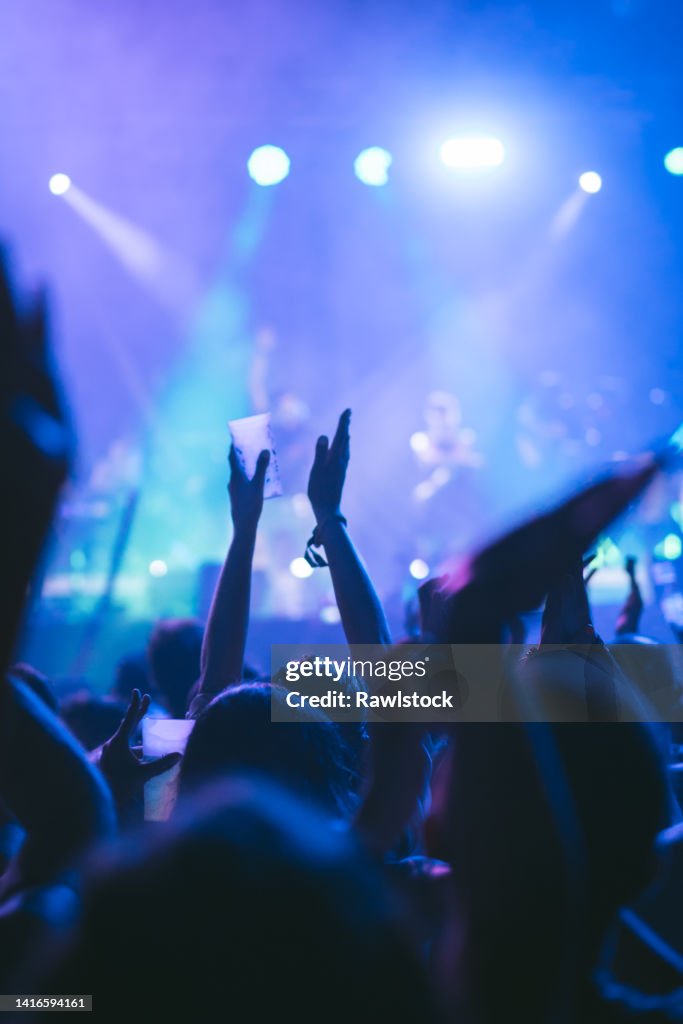Vertical photo of an unrecognizable person clapping hands at a music concert