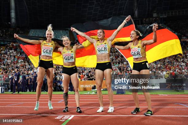 Gold medalists Alexandra Burghardt, Gina Luckenkemper, Lisa Mayer and Rebekka Haase of Germany celebrate after the Athletics - Women's 4x100m Relay...