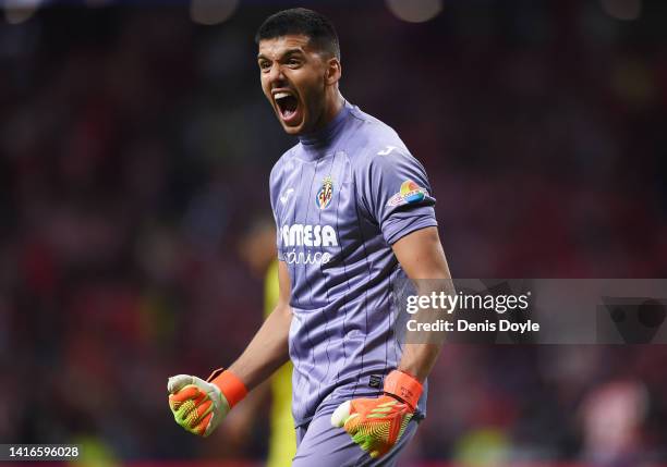 Geronimo Rulli of Villarreal CF celebrates after Gerard Moreno of Villarreal CF scores their side's second goal during the LaLiga Santander match...