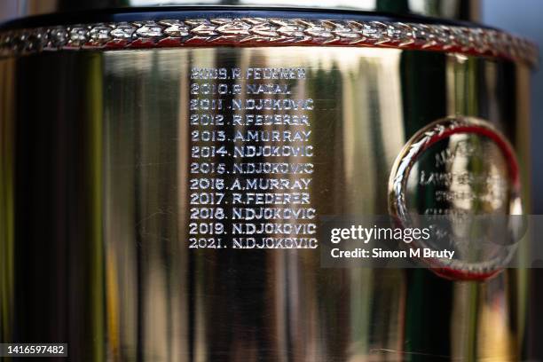 Close up of The Gentlemen's Singles Trophy at The Wimbledon Lawn Tennis Championship at the All England Lawn and Tennis Club at Wimbledon on June...