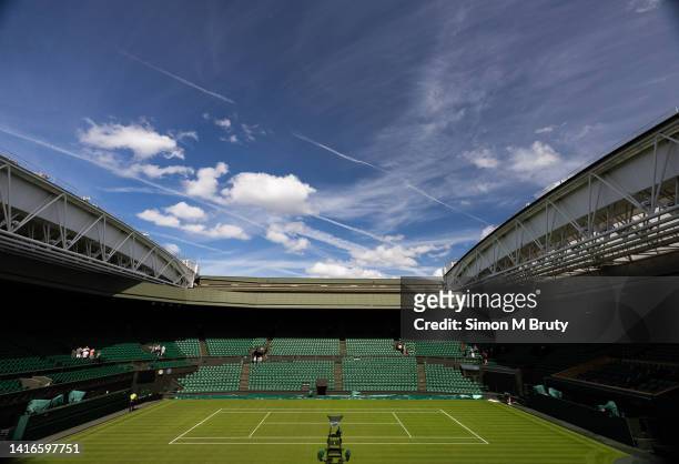 General view of center court at The Wimbledon Lawn Tennis Championship at the All England Lawn and Tennis Club at Wimbledon on June 26th, 2022 in...