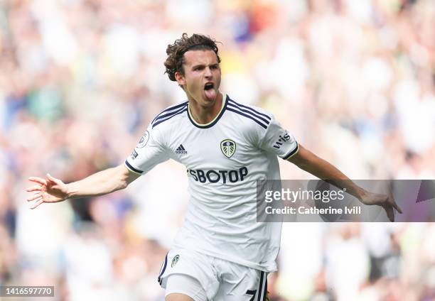 Brenden Aaronson of Leeds United celebrates scoring their side's first goal during the Premier League match between Leeds United and Chelsea FC at...