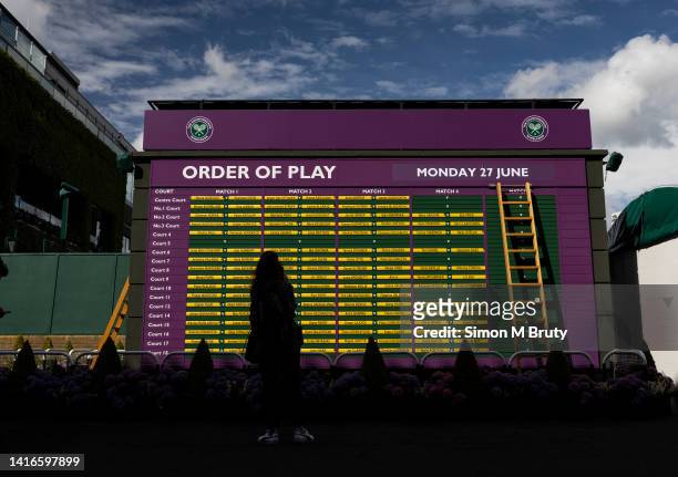 Order of play board at The Wimbledon Lawn Tennis Championship at the All England Lawn and Tennis Club at Wimbledon on June 27th, 2022 in London,...
