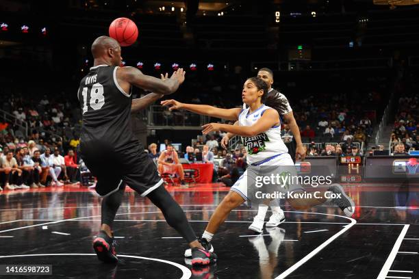 Crissa Jackson passes against Vernon Davis during the celebrity game prior to the BIG3 Championship at State Farm Arena on August 21, 2022 in...