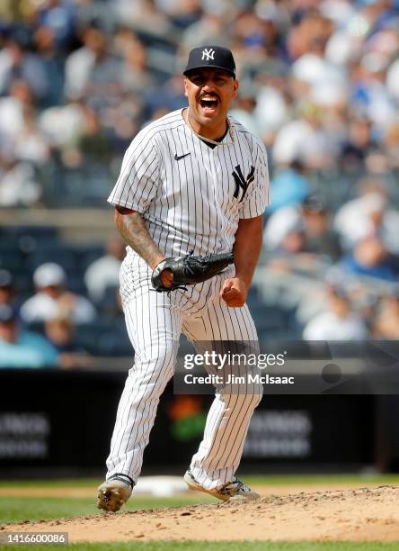 Nestor Cortes of the New York Yankees reacts after the sixth inning against the Toronto Blue Jays at Yankee Stadium on August 21, 2022 in New York...