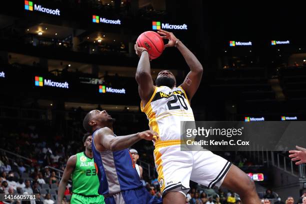 Donte Green of the Killer 3's shoots against Mario Chalmers of 3's Company during the All-Star game prior to the BIG3 Championship at State Farm...