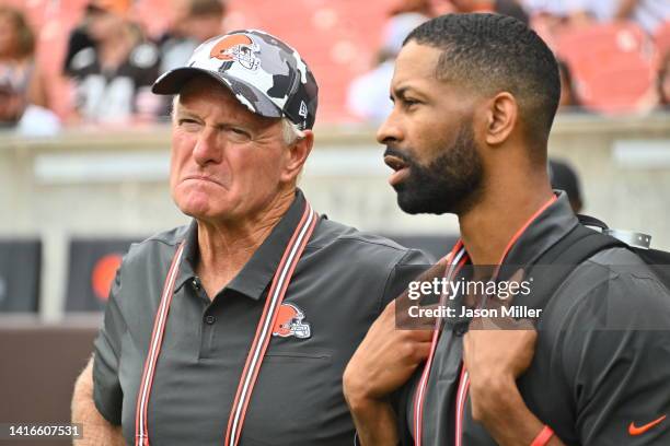 Cleveland Browns co-owner Jimmy Haslam talks with General Manager Andrew Berry during the fourth quarter of a preseason game against the Philadelphia...