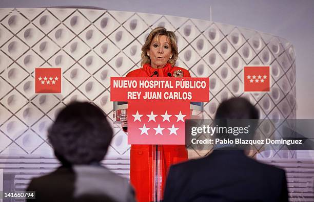 King Juan Carlos and Queen Sofia of Spain and President of Madrid Esperanza Aguirre attend the 'Rey Juan Carlos' University Hospital inauguration on...