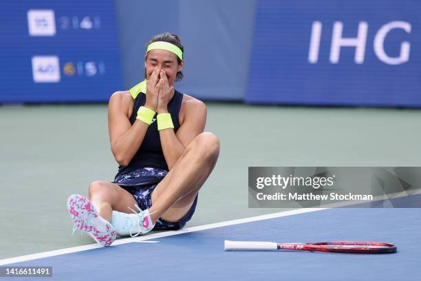 Caroline Garcia of France celebrates after defeating Petra Kvitova of the Czech Republic in their Women's Singles Final match on day nine of the...