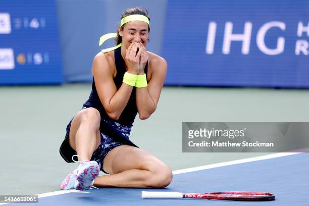 Caroline Garcia of France celebrates match point against Petra Kvitova of Czech Republic during the women's final of the Western & Southern Open at...