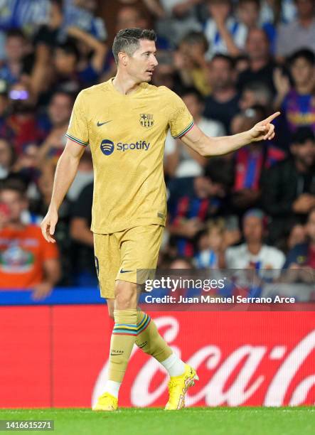 Robert Lewandowski of FC Barcelona celebrates after scoring their side's first goal during the LaLiga Santander match between Real Sociedad and FC...