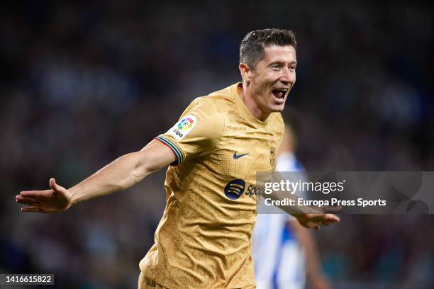 Robert Lewandowski of FC Barcelona reacts after scoring goal during the La Liga Santander match between Real Sociedad and FC Barcelona at Reale Arena...