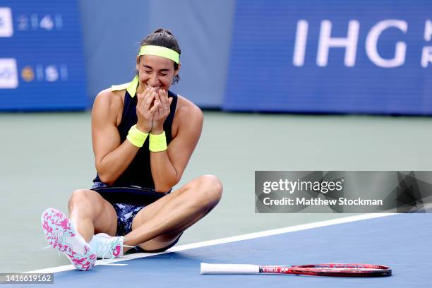 Caroline Garcia of France celebrates match point against Petra Kvitova of Czech Republic during the women's final of the Western & Southern Open at...