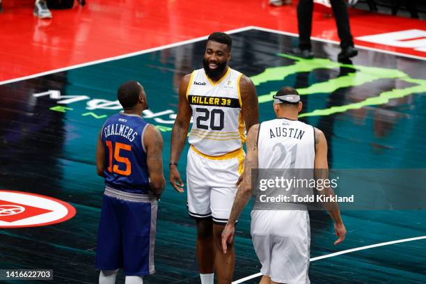 Donte Green of the Killer 3's and Mario Chalmers of 3's Company chat during the All-Star game prior to the BIG3 Championship at State Farm Arena on...