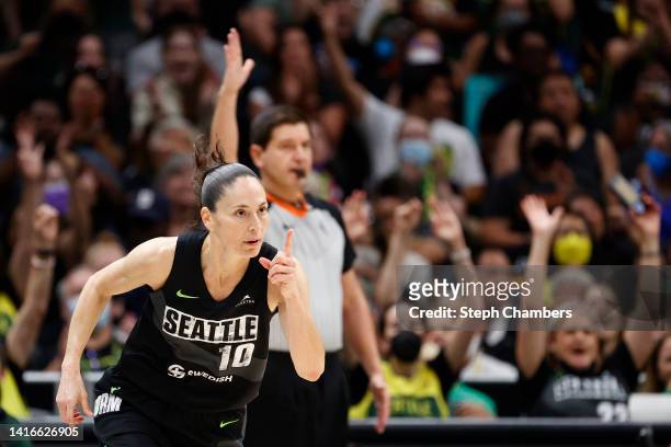 Sue Bird of the Seattle Storm reacts after her three-point basket against the Washington Mystics during Round 1 Game 2 of the WNBA playoffs at...
