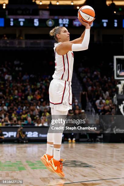 Elena Delle Donne of the Washington Mystics shoots against the Seattle Storm during the first quarter in Round 1 Game 2 of the WNBA playoffs at...