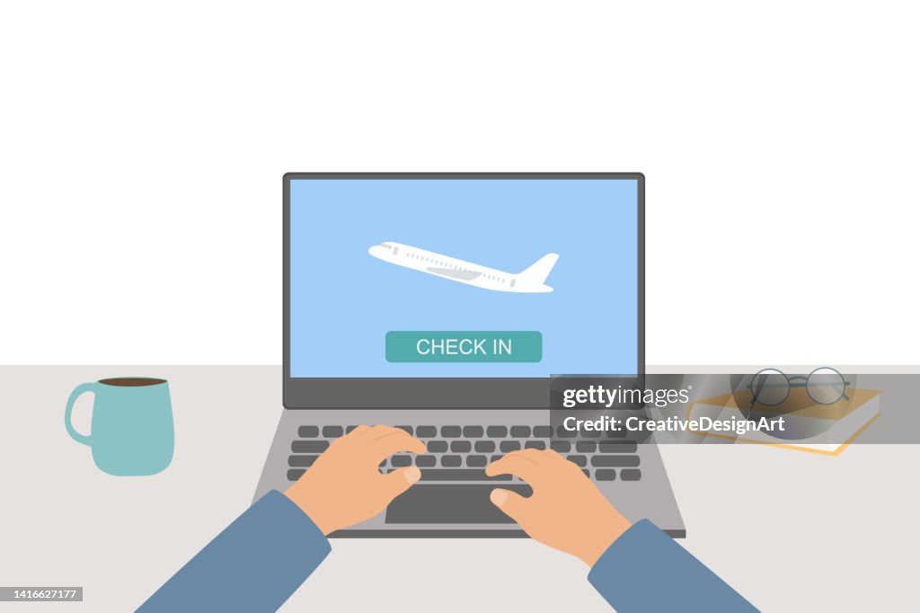 Check-in-Taste und Flugzeugsymbol auf dem Laptop-Bildschirm. Online-Check-in-Konzept