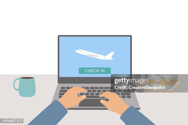 ilustraciones, imágenes clip art, dibujos animados e iconos de stock de botón de registro e icono de avión en la pantalla de la computadora portátil. concepto de check-in en línea - mesa vector