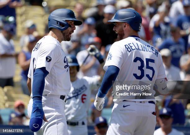 Joey Gallo of the Los Angeles Dodgers celebrates a two run homerun from Cody Bellinger, to take a 3-0 lead over the Miami Marlins, during the second...
