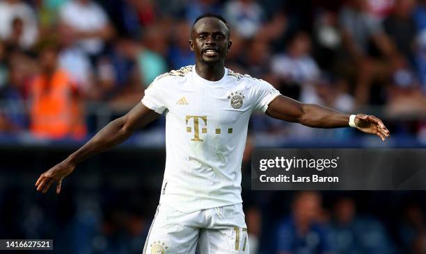 Sadio Mane of Muenchen reacts during the Bundesliga match between VfL Bochum 1848 and FC Bayern München at Vonovia Ruhrstadion on August 21, 2022 in...