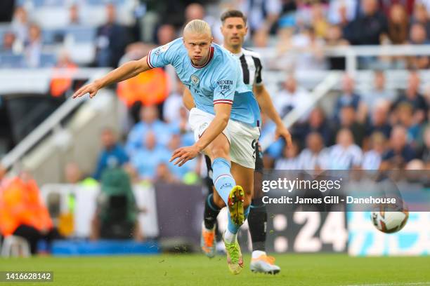 Erling Haaland of Manchester City shoots during the Premier League match between Newcastle United and Manchester City at St. James Park on August 21,...