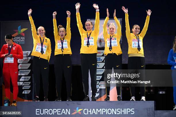 Gold medalists Alexandra Burghardt, Gina Luckenkemper, Lisa Mayer, Jessica-Bianca Wessolly and Rebekka Haase of Germany celebrate during the...