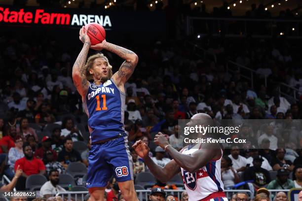 Michael Beasley of 3's Company shoots against Jason Richardson of the Tri-State during the All-Star game prior to the BIG3 Championship at State Farm...