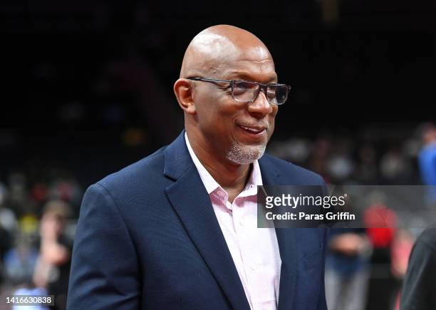 Clyde Drexler attends the Monster Energy BIG3 Celebrity Basketball Game at State Farm Arena on August 21, 2022 in Atlanta, Georgia.